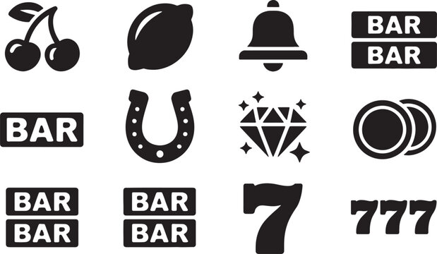 Casino slot machine symbols in black and white minimalist style for gaming advertising