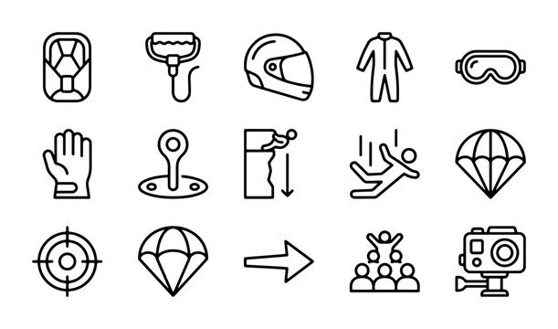 Skydiving Equipment Icons: Parachute, Helmet, Suit, Goggles, Gloves, Camera, Target, Jump
