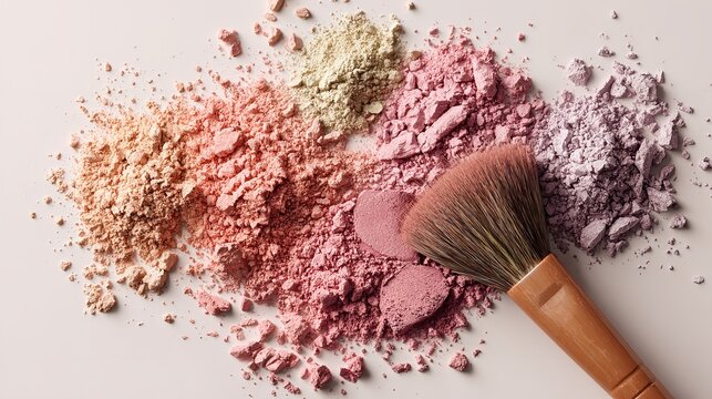 Flat lay collection of makeup powders in pink shades beauty background