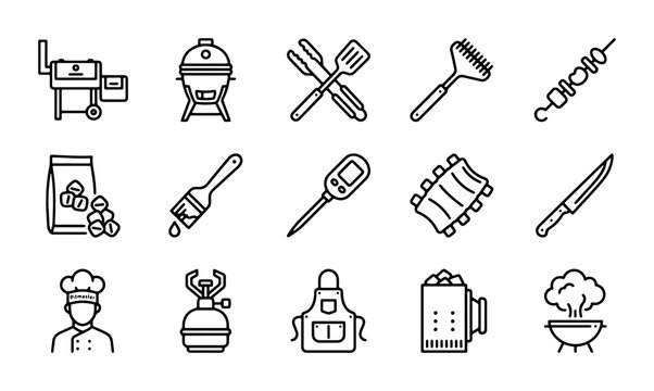 Barbecue Grill Icons Set, BBQ Cooking Utensils, Food Preparation Vector Graphics