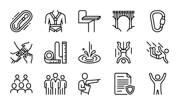 Adventure Sports Icons: Climbing, Skydiving, Bungee Jumping, Safety, Training, Vector Set