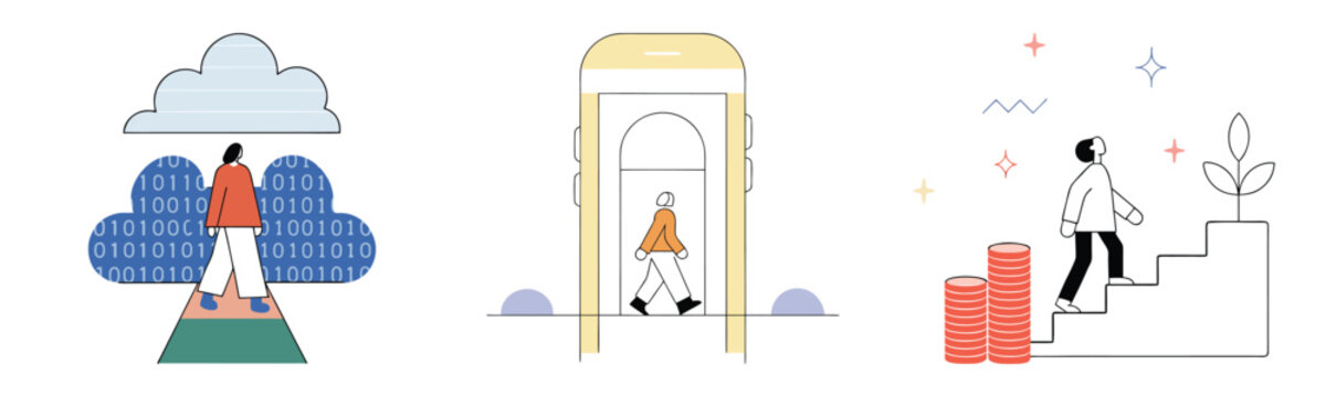 Person walking on path to cloud with binary code, person in elevator, person climbing stairs with coins, diverse concepts of progress.