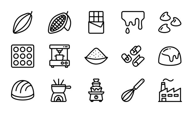 Chocolate Icons Set: Cocoa, Bar, Drips, Factory, Whisk, Fondue, Confectionery