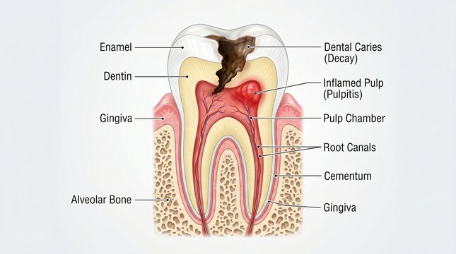 Diagram of human tooth cross section showing enamel dentin pulp root canals and decay