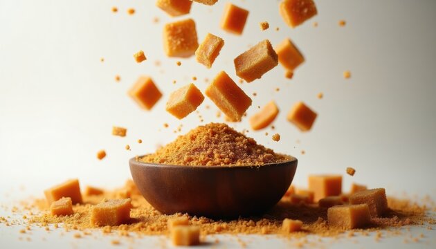 Orange jaggery cubes and powder fall into wooden bowl. Sweet ingredient cascades on white background. Natural sweetener for baking and hot drinks.