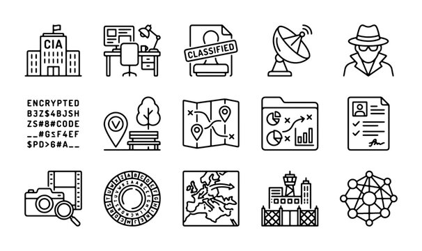 Spy and Surveillance Icons: Secret Agent, Data Analysis, Classified Documents, Encryption