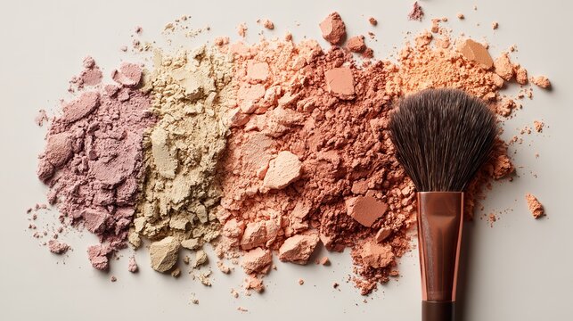 Flat lay collection of makeup powders in pink shades beauty background