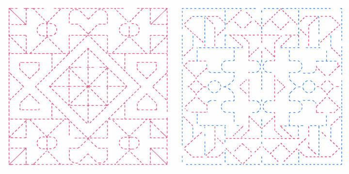 Geometric pattern with angular shapes in red and blue tones