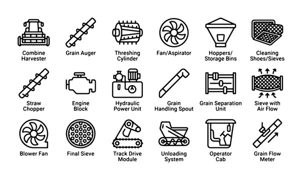 Agricultural Machinery Icons Set: Combine Harvester, Grain Auger, Threshing Cylinder, Farming Equipment Vector Graphics