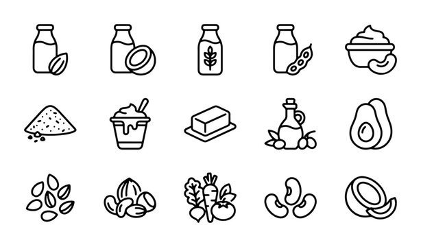 Vegan Food Icons Set, Plant-Based Ingredients Collection, Dairy-Free Nutrition Graphics, Healthy Lifestyle Vector Pack