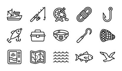 Fishing Icons Set: Boat, Rod, Reel, Tackle Box, Hook, Net, Fish, Seagull, Map, Sonar © Arifuzzaman
