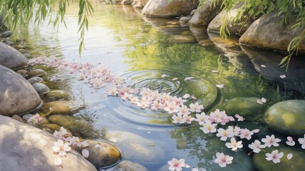 Fototapeta premium Cherry blossom petals floating down a crystal clear stream – Suitable for peaceful acceptance themes, seasonal change blogs, or tranquil nature art.