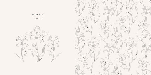 Obraz premium Wild Iris Floral Ornament Detailed Gray Line Art Pattern