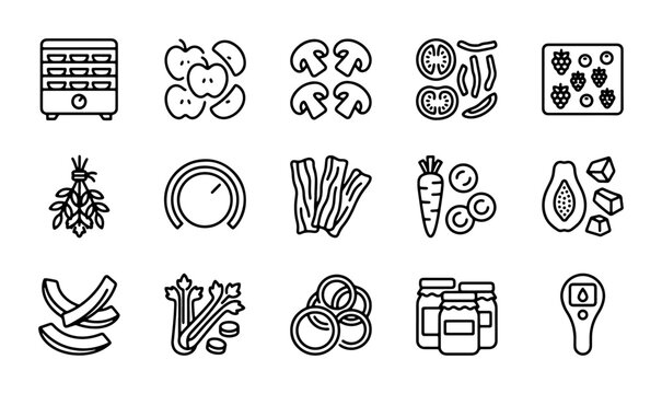 Food Dehydrator Icons, Fresh Produce & Preserves Vector Set: Healthy Eating, Organic Ingredients, Kitchen Appliances