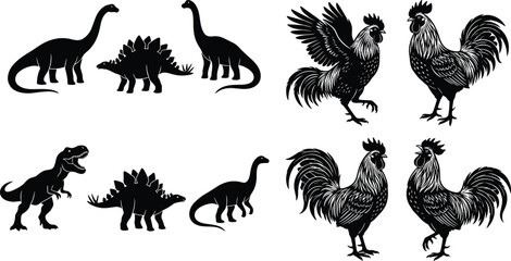 Dinosaur and rooster silhouette collection featuring prehistoric sauropod vectors, t-rex graphics, and detailed farmyard cockerel illustrations for graphic design elements © Mst Shamima