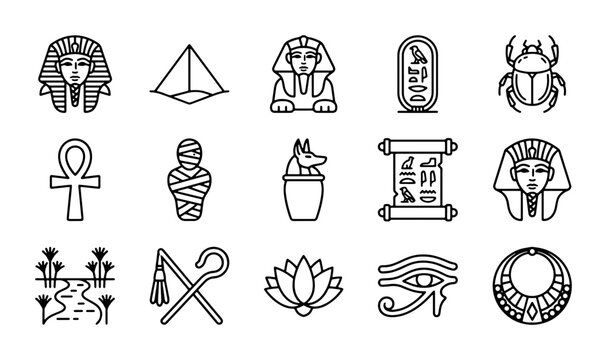 Ancient Egyptian Icons Set: Pharaoh, Pyramid, Sphinx, Scarab, Ankh, Mummy, Hieroglyphs, Eye of Horus