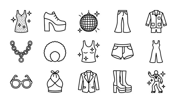 Disco Fashion Icons, 70s Retro Style Clothing & Accessories Vector Set