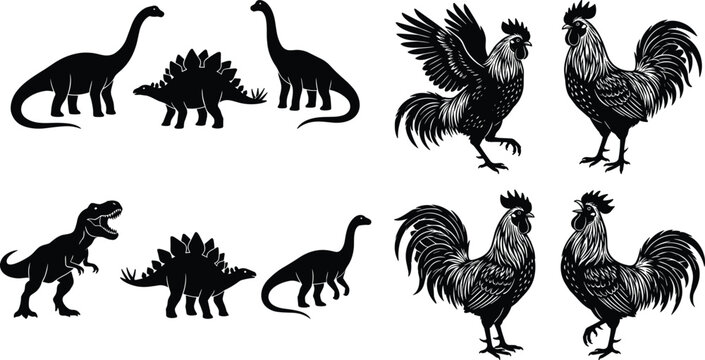 Dinosaur and rooster silhouette collection featuring prehistoric sauropod vectors, t-rex graphics, and detailed farmyard cockerel illustrations for graphic design elements