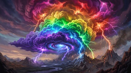 Fototapeta premium Spectacular Rainbow Spectrum Supercell Cloud Vortex Neon Lightning