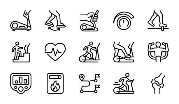 Fitness Icons Set: Elliptical, Treadmill, Stair Climber, Heart Rate, Exercise Machine, Joint Health