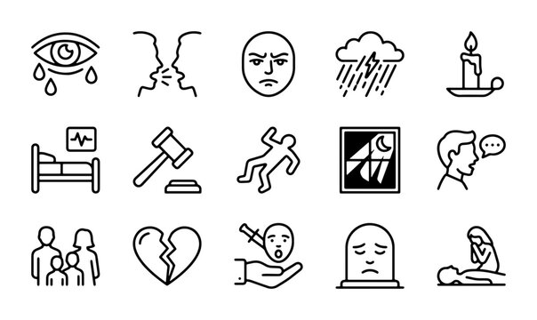 Grief and Sadness Icons: Loss, Trauma, Mental Health, and Emotional Pain Vector Set