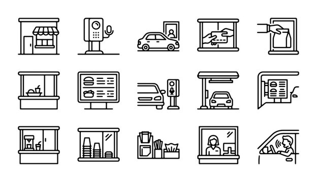 Drive-Thru Icons Set: Fast Food Service, Ordering Kiosks, Car Windows, Cashier Interaction