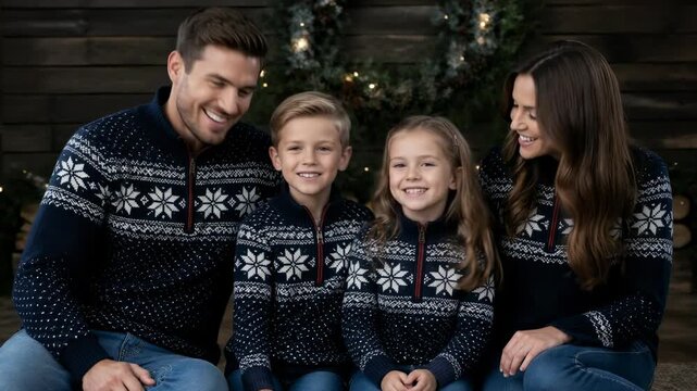 A happy family of four wearing matching navy blue snowflake sweaters smiles warm in a festive holiday home setting.