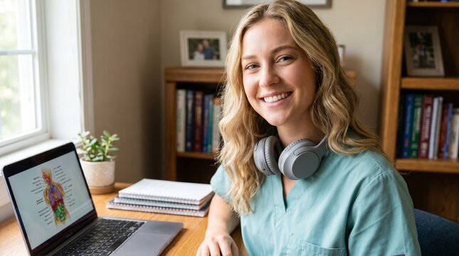 Portrait of Smiling Young Female Medical Student in Scrubs Studying Anatomy on Laptop at Home
