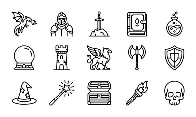 Fototapeta premium Fantasy Icons Set: Dragon, Knight, Sword, Magic Book, Potion, Crystal Ball, Castle