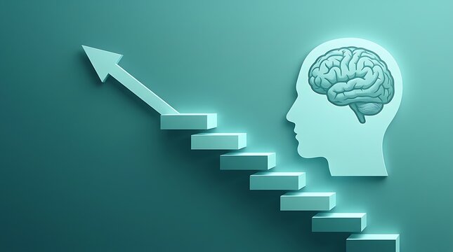 Teal head silhouette with ascending steps and arrow brain stairs mind