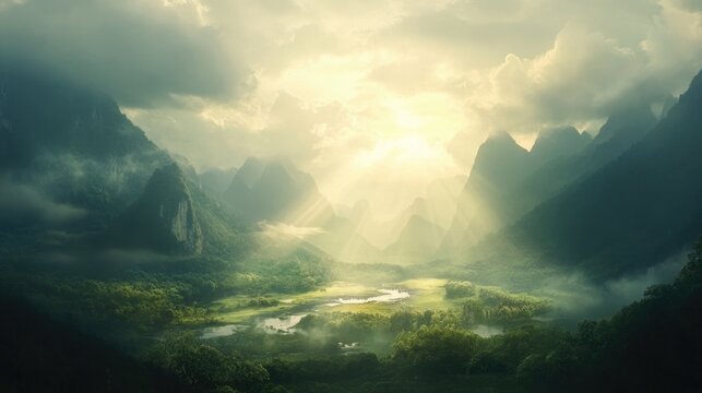 A peaceful valley with sunlight streaming through the clouds, symbolizing the gradual progress toward tuberculosis elimination