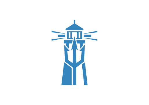 Simplified blue geometric lighthouse with rays emanating from the top