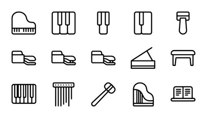Piano Icons Set: Grand, Upright, Keyboard, Bench, Hammer, Sheet Music Vector Graphics © Mushfiq
