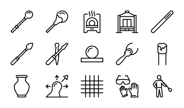 Glassblowing Tools and Equipment Icons, Craftsmanship, Artisan Tools, Studio Supplies, Vector Set