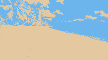 Fototapeta premium Tropical beach with palm trees and blue sky, flat design illustration