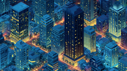 Night cityscape with illuminated skyscrapers and vibrant streets in cool blue tones © Sigaling Lin