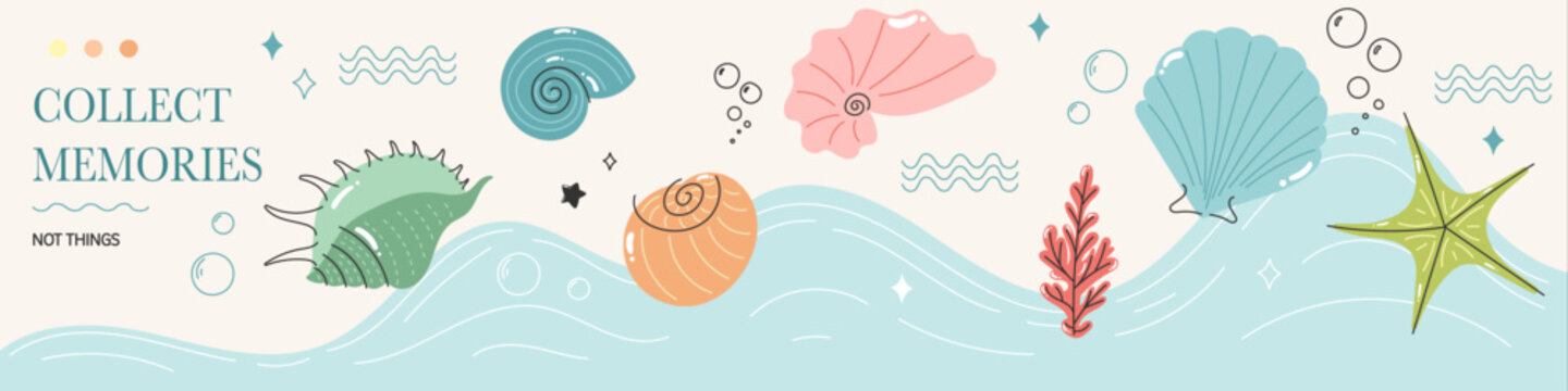 Coastal memory quote banner with seashells and flowing ocean waves