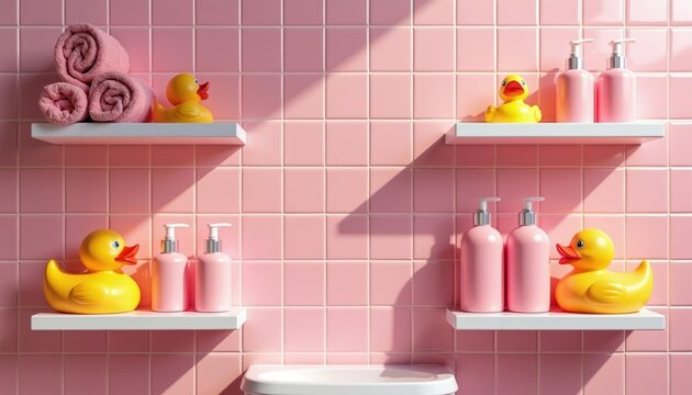Pink bathroom shelves hold rolled towels soap bottles and yellow rubber ducks. Pastel tiles create a playful clean aesthetic perfect for bath time fun and relaxation.