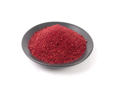 Sumac Powder Isolated, Red Sumach Ground Seasoning, Dry Sumak, Crushed Typhina Seeds