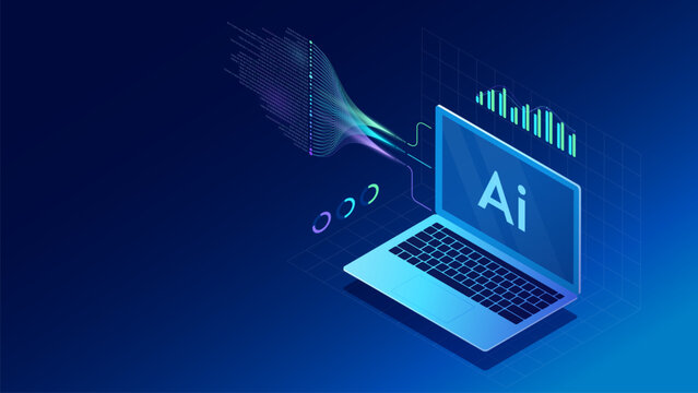 3D isometric laptop with AI text processing glowing big data binary code streams. Futuristic artificial intelligence concept with digital data flow analytics, holographic charts, statistics dashboard.