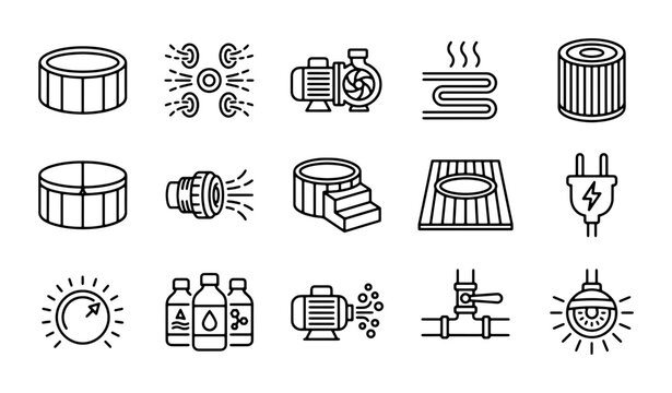 Hot Tub Spa Icons Set, Jacuzzi Equipment Vector Graphics, Wellness Plumbing Equipment