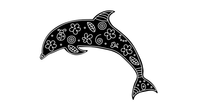 Stylized dolphin silhouette filled with white floral and abstract doodles, decorative marine animal design element for creative projects, tattoo style art
