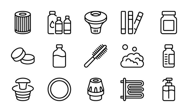 Pool Maintenance Icons: Filter, Chemicals, Spa Accessories, Cleaning Tools, Water Treatment Vector Set