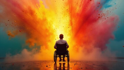 Fototapeta premium Person in wheelchair faces large abstract color explosion. Vibrant paints burst with energy, light, and imagination. Concept of overcoming challenges, creativity, and boundless potential.