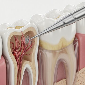 Cross section of a human tooth showing root canal system with dental instrument