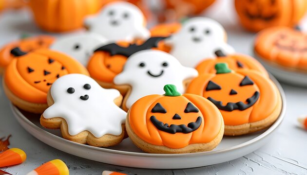 A plate of Halloween-themed cookies with candy on a table