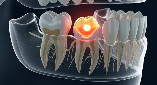 Dental anatomy showing a decayed tooth with inflammation and highlighted nerves within the jawbone structure