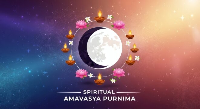 Spiritual Amavasya Purnima Mandala with Moon Phases and Lotu