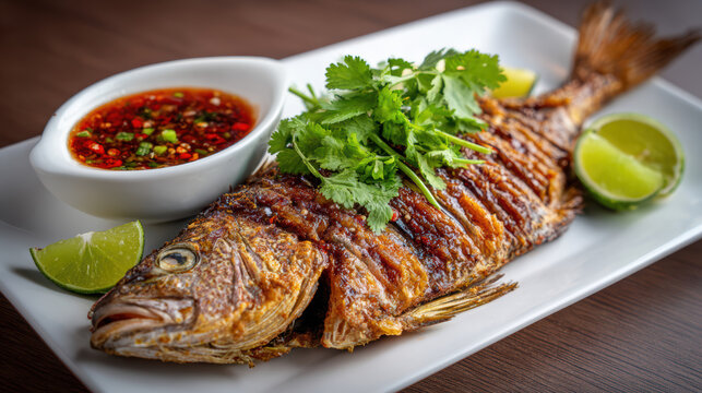 fried whole red snapper with chili garnish