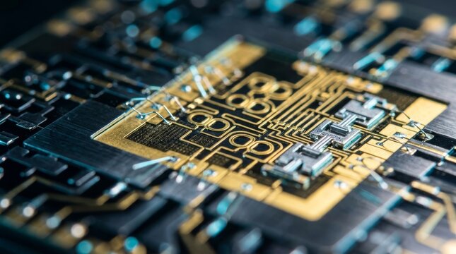 Microscopic view of a superconducting quantum circuit, intricate details of a physical qubit chip